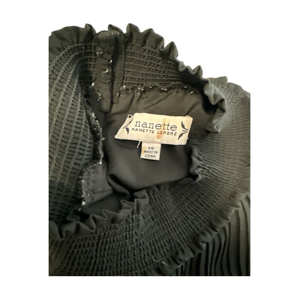 Nanette Lepore Black Pleated Midi Dress Smocked Waist Mock Neck Sleeveless 14 - Picture 6 of 7